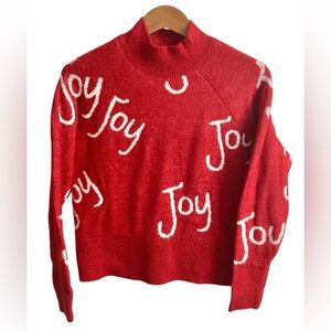 Women’s Small Joy Spellout Christmas Holiday Sweater Red White Mock Neck
